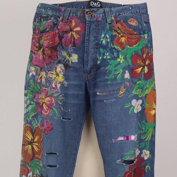 ❄ Vintage Dolce and Gabbana Floral Painted Ripped Distressed Jeans Denim Pants - Picture 3 of 10